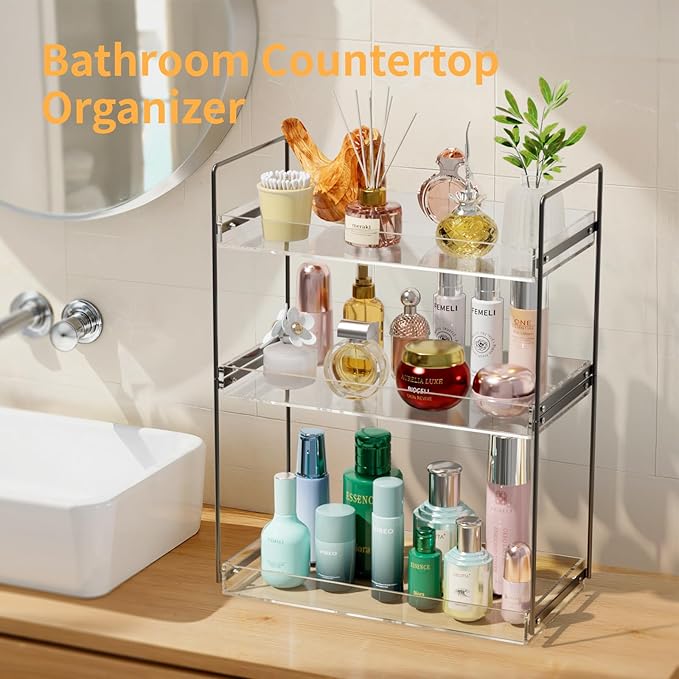 Bathroom Countertop Organizer, 3 Tier Metal Vanity Counter Skincare Shelf, Matte Black Under Sink with Acrylic Tray, Home Sto