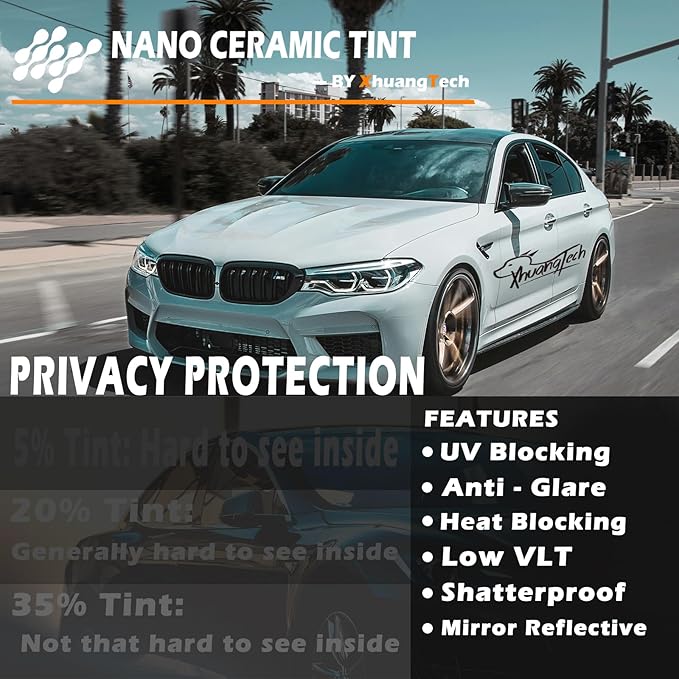 XhuangTech Ceramic Window Film - 15% VLT, 20''x20' Ft Nanoceramic Privacy Film Roll for Side/Rear Windows, Sun & Heat Blocking with Anti-UV Glare Control