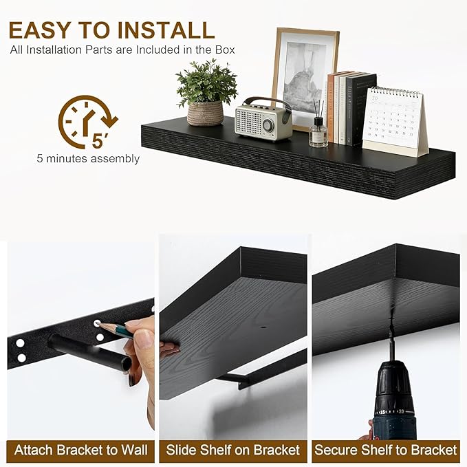 35.8 inch Black Floating Shelves Set of 2, Solid Wood Wall Mounted Shelves, Heavy Duty Display Storage Shelves for Bedroom, L