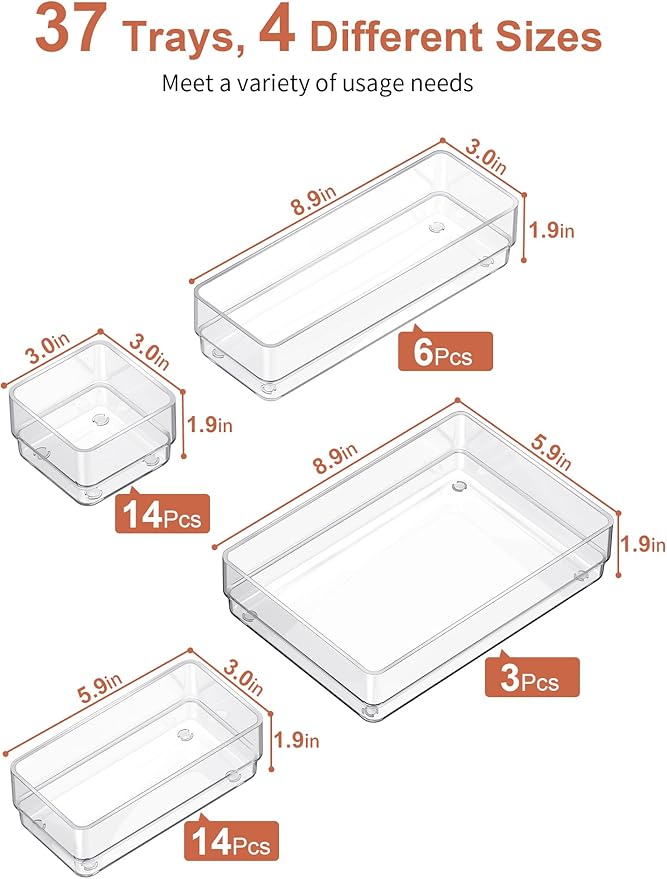 SMARTAKE 37-Piece Drawer Organizer with Non-Slip Silicone Pads, 4-Size Desk Drawer Organizer Trays Storage Tray for Makeup, J