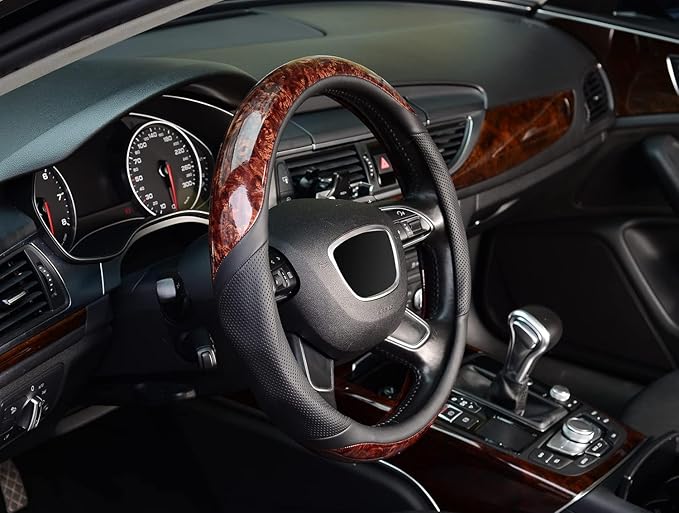 ZHOL Wood Grain Steering Wheel Cover, Universal 15 inch Microfiber Leather Anti-Slip Steering Wheel Protector, Odorless