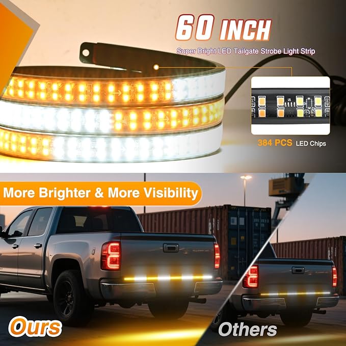 Nilight 60 Inch Emergency Strobe Light Strips with Controller, 384LED Flashing Warning Hazard Safety for Rear Window Tailgate on Truck Trailer Construction Plow Pickup Tow SUV Vehicles, Amber White