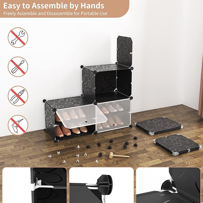 ROJASOP 6-Tier 24-Pair Expandable Shoe Rack Organizer with 2 Hooks, Black