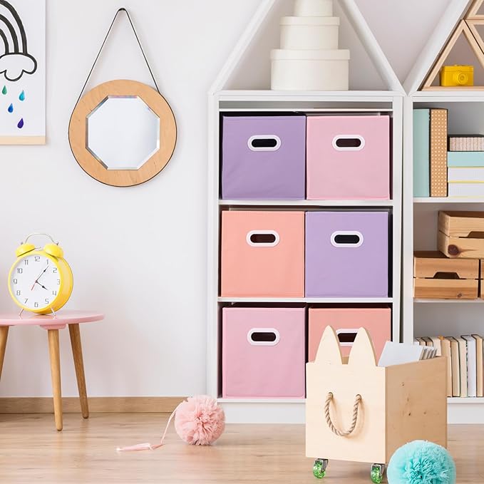 Stero Fabric Storage Bins 6 Pack Fun Colored Durable Storage Cubes with Plastic Handles Foldable Cube Baskets for Home, Kids 