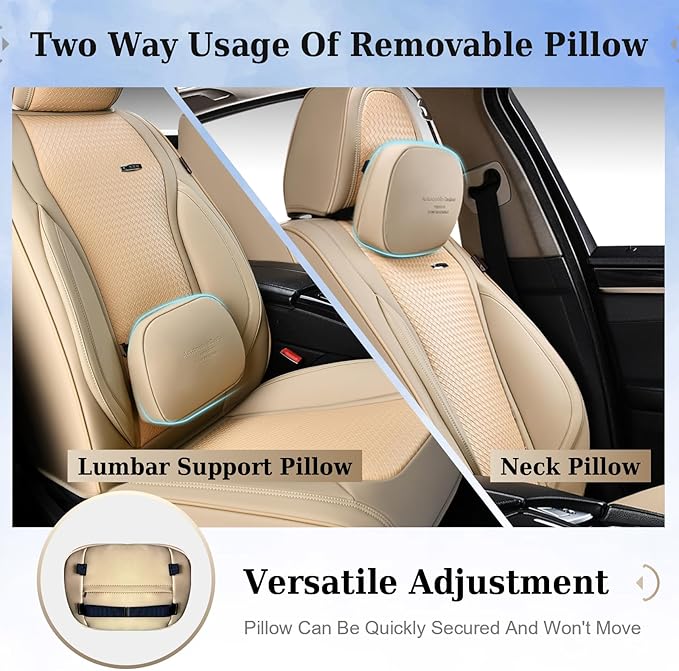Coverado Car Seat Covers Full Set, Beige Seat Covers for Cars, Waterproof Nappa Leather Automotive Seat Covers with Lumbar He
