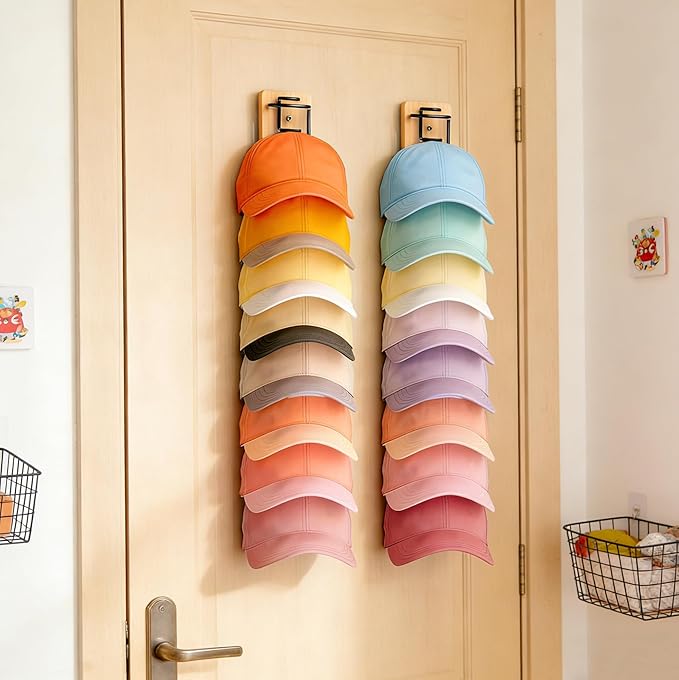 2 Pack Hat Organizer for Baseball Caps, Wood & Metal Hat Rack for Wall, Hat Storage for 22 Caps with Strong Adhesive/Wall Dri
