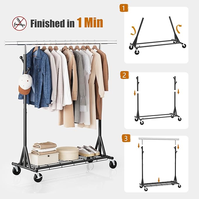 Gewudraw Garment Rack Load 530lbs,Heavy Duty Rolling Clothes Rack With Sturdy Wheel And Shelves, Adjustable Portable Hanging 