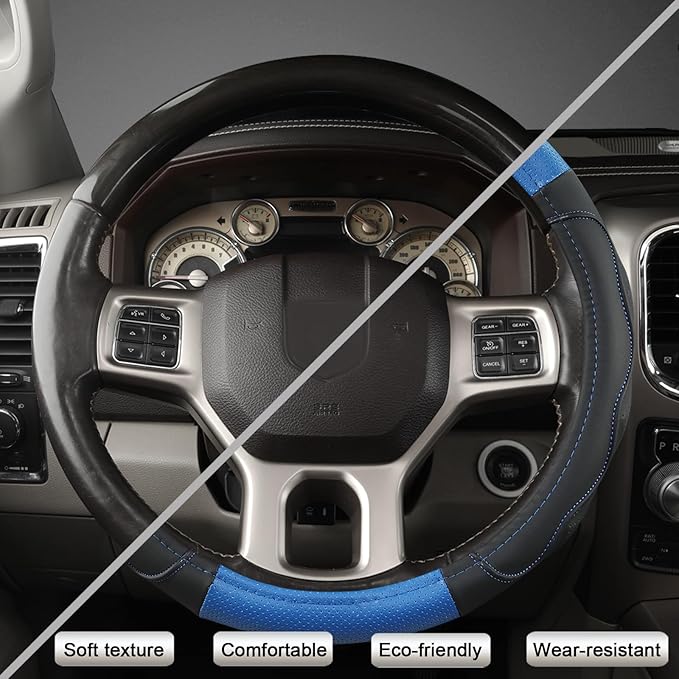 West Llama Customized Auto Car Steering Wheel Cover with 3D Texture for Dodge RAM 1500 2500 3500, 15.5-16 inch (Black+Blue-La