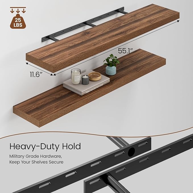 Heimlove 12 Inch Deep Floating Shelves, 55 x 12 inch Extra Long Floating Shelves for Wall, Large Display Shelf & Storage Shel