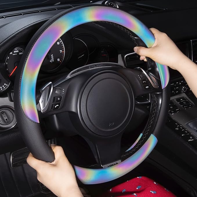 CAR-GRAND Chameleon Iridescent Reflective PU Leather Steering Wheel Cover,15Inch Universal Fit for 95% Suvs,Sedans,Vans,Truck