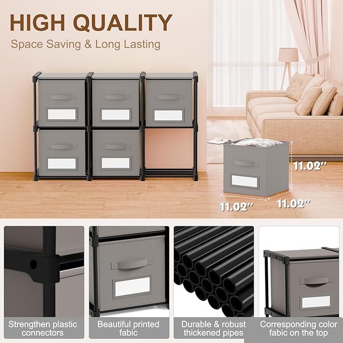 Geelin 6 Cube Storage Organizer with Fabric Bins and Labels 11 Inch, Fabric Collapsible Cubby Clothes Storage Drawer Dresser 