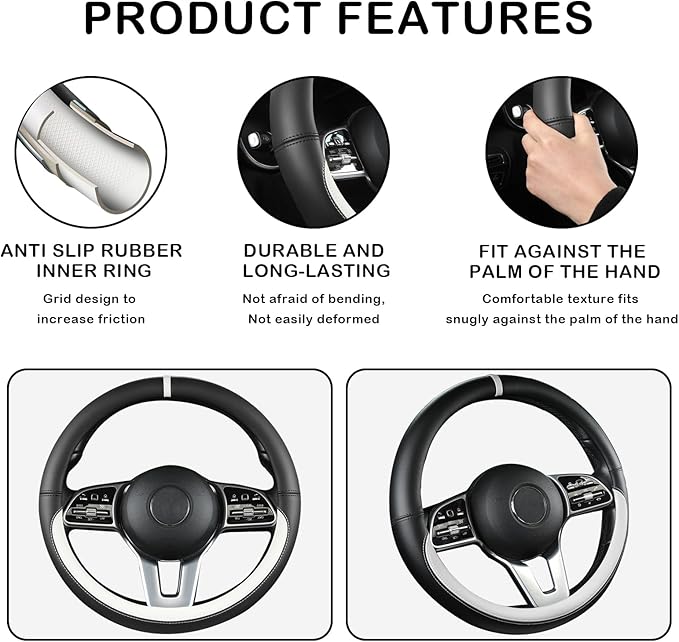 Black & White Nappa Leather Steering Wheel Cover, 14.5-15 inch Universal Car Steering Wheel Cover Non-Slip Breathable Absorbi