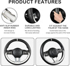 Black & White Nappa Leather Steering Wheel Cover, 14.5-15 inch Universal Car Steering Wheel Cover Non-Slip Breathable Absorbi