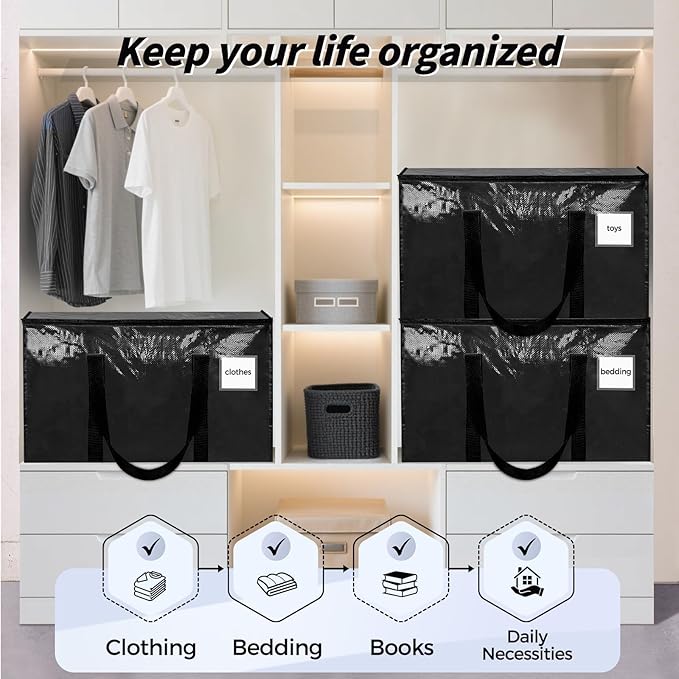 8 Pack Extra Large Heavy Duty Moving Bags, Black Storage Bins with Lids, Reinforced Handles & Heavy-Duty Zippers Moving Boxes