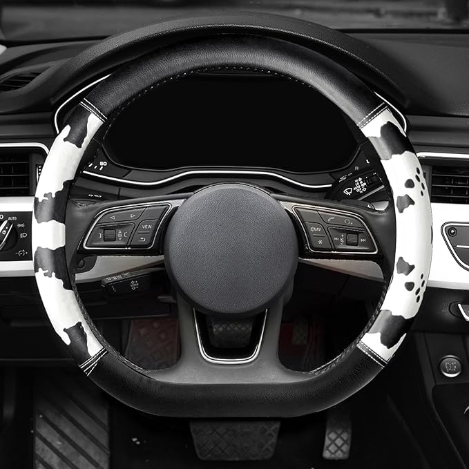 ZHOL Cow Print Steering Wheel Cover, D Shaped Car Wheel Cover Microfiber Leather 14 1/2-15 in (37-39 cm)