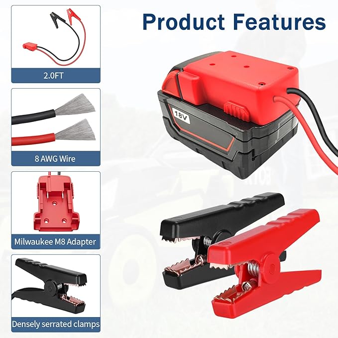Jumper Cable Clamps for Milwaukee M18 18V Battery Jump Starter, 2.0FT 8AWG Car Battery Jumper Cable with Adapter, Automotive Battery Booster Cable for Tools used to Jump Start a Car