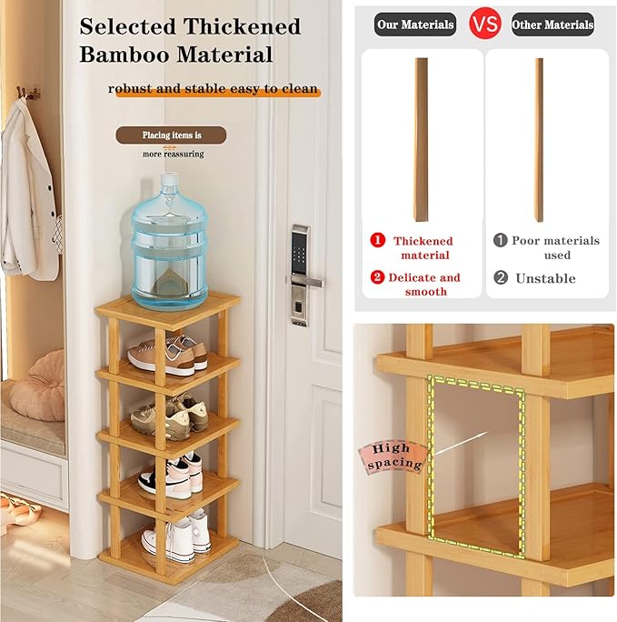 Bamboo Shoe Rack 12 Tier- Vertical Shoe Rack for Small Spaces, Tall Narrow Shoe Rack Organizer for Closet Entryway Corner Gar