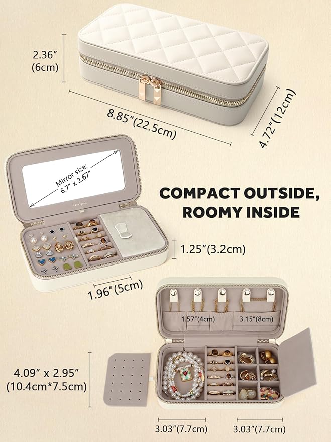 Travel Jewelry Case with Mirror, Quilted Small Jewelry Box Organizer for Women Girls, Portable Earring Necklace Bracelet Ring