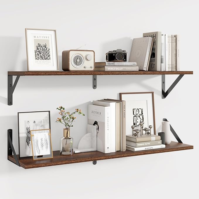 Axeman 32 Inch Floating Shelves | 8 Inch Deep Walnut Wall Shelves Set of 2 | 31.5W x 8D Rustic Wood Shelves for Bookshelf Liv