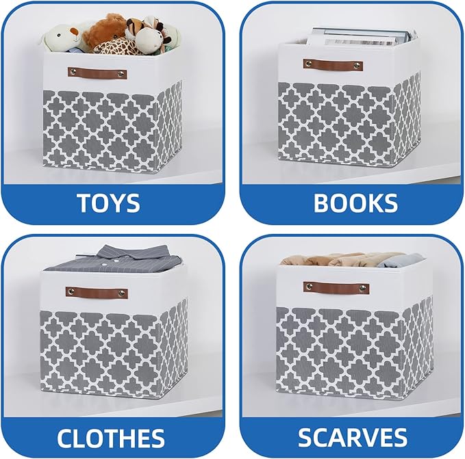 Temary 12x12x12 Fabric Storage Bins 4 Pack with Leather Handle, Foldable Cubes Storage Box Baskets for Closet, Shelf (White&L