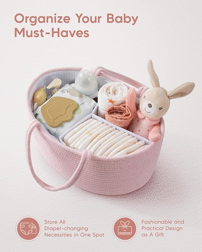 Maliton Baby Diaper Caddy Organizer, Cotton Rope Diaper Caddy Basket, Large Storage Basket for Newborn Boys and Girls, Gift f