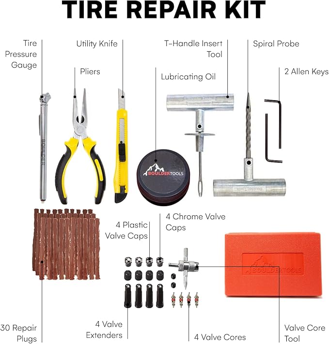 Tire Repair Kit by Boulder Tools - Heavy Duty Plug Kit for Cars, Trucks, Motorcycles, ATVs - Complete Flat Fix Automotive Tools Set with Storage Case, Valve Tool, Pliers, and Repair Plugs