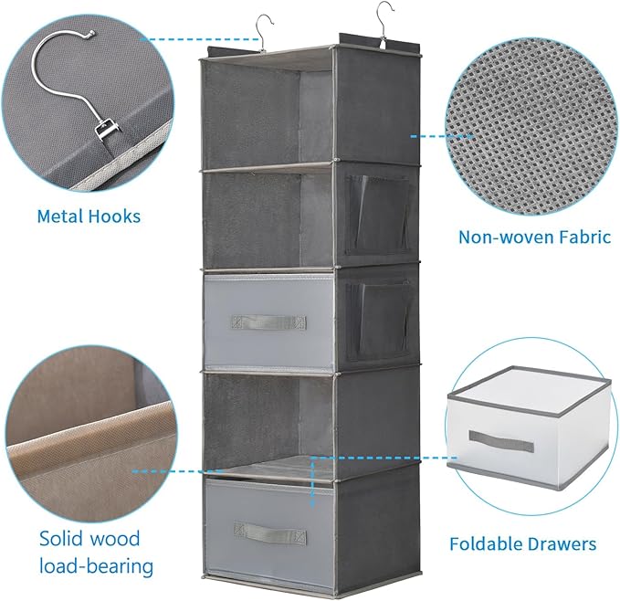 5-Tier Hanging Organizer for Closet, Fabric Closet Organizer with 2 Hooks, 2 Pull-Out Drawers, Foldable Space-Saving Storage 