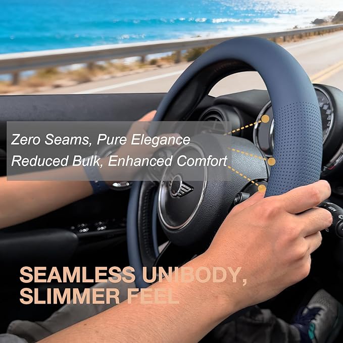 PINCTROT Nappa Leather Steering Wheel Cover, Slim Fit No Bulk Design, One Piece Leather with Breathable Perforation, Fit Like