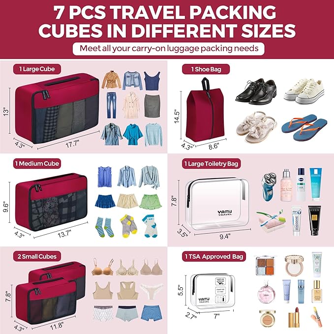YAMIU Packing Cubes for Suitcases, 7 Pcs luggage organizer bags with Shoe Bag, 2 Waterproof Travel Toiletry Bags, Travel Cube