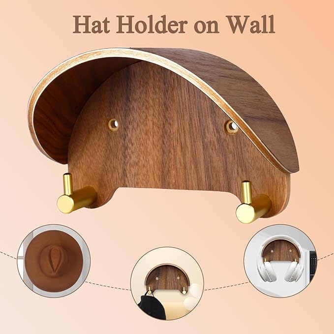 2 Pack Cowboy Hat Rack, Wooden Satin Finish Hat Holder on Wall,Non-Damage Brim Design, Hat Hooks Can Keeps Original Shape of 