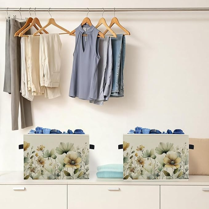 Rustic Floral Storage Box Bins, Sage Green Beige Cottagecore Wildflower Collapsible Storage Basket Organizer for Bedroom Nurs