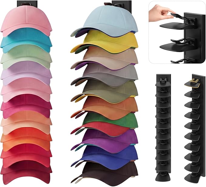 YOUDENOVA 2 Pack Hat Organizer for Baseball Caps, Adhesive or Screw-Mounted Hat Rack Holds 40 Hats, Hat Storage Display for W