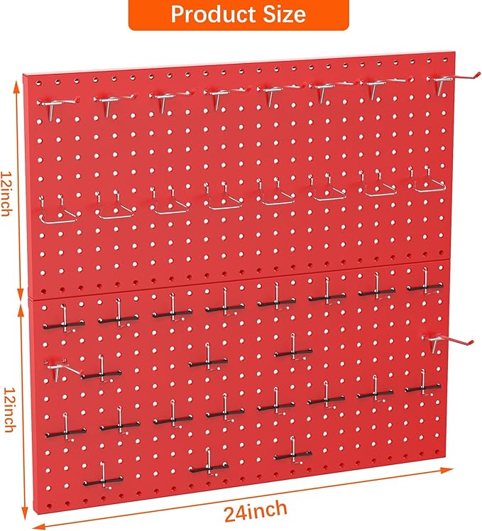 TORACK Metal Pegboard Wall Organizer 24" x 24" or 12" x 48", 70 PCS Tool Storage Pegboard for Garage Tool Organizer Board wit