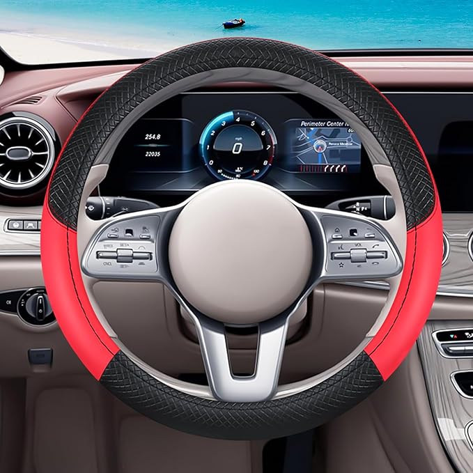 Black & Red Car Steering Wheel Cover, Microfiber, Leather Patchwork, Universal 14.5-15 Inch Leather Anti-Slip Breathable Auto