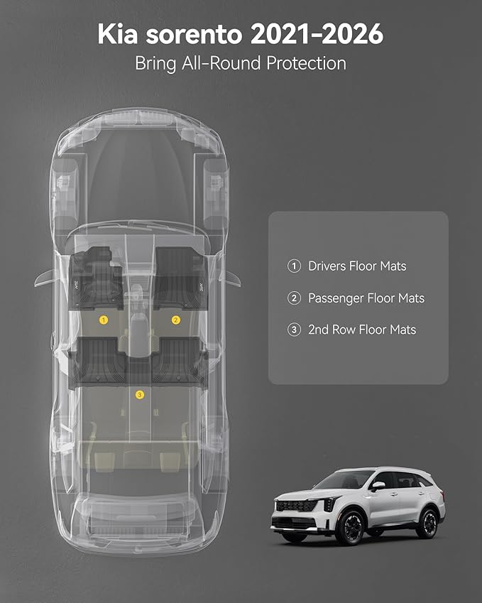 3W Floor Mats for Kia Sorento Hybrid 2026 2025 2024 2023 2022 2021 (Only PHEV&Hybrid) All Weather Protection TPE Anti-Slip Automotive Full Set Floor Liners Custom Accessories - Black