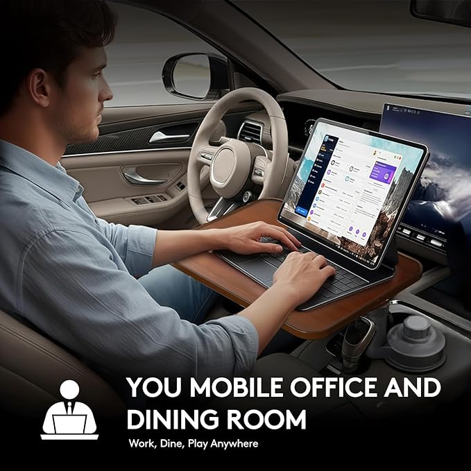 Car Tray Table & Car Laptop Desk, Height-Adjustable 360° Rotating Wood Car Laptop Mount, Steering Wheel Tray, Cup Holder Table,Compatible with Tesla & Most Vehicles Walnut
