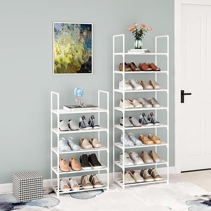 Metal Small Shoe Rack,Stackable Kids Shoe Stand,Narrow Shoe Storage Shelf for 8-10 Pairs of Shoes Entryway and Closet Hallway