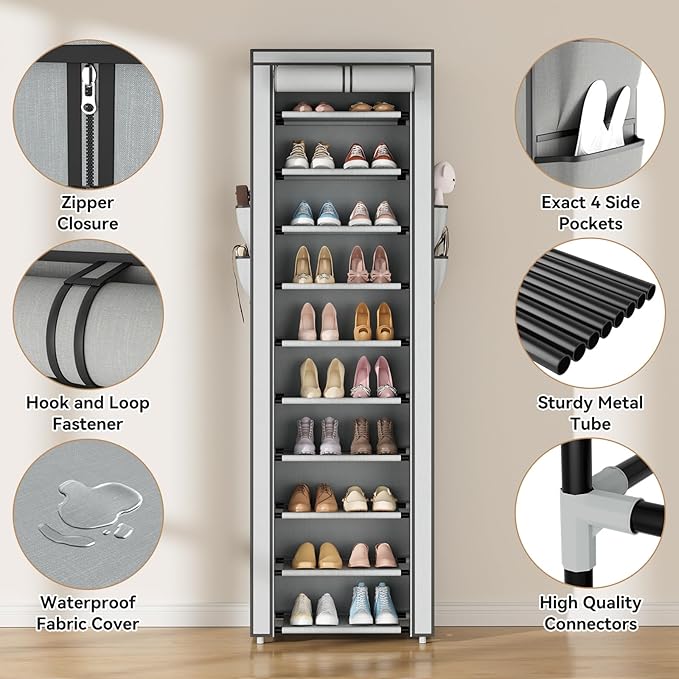 ROJASOP Shoe Rack with Covers 10 Tier Large Shoe Organizer Tall Shoe Closet Storage for 20-22 Pairs Shoe and Boot, Free Stand