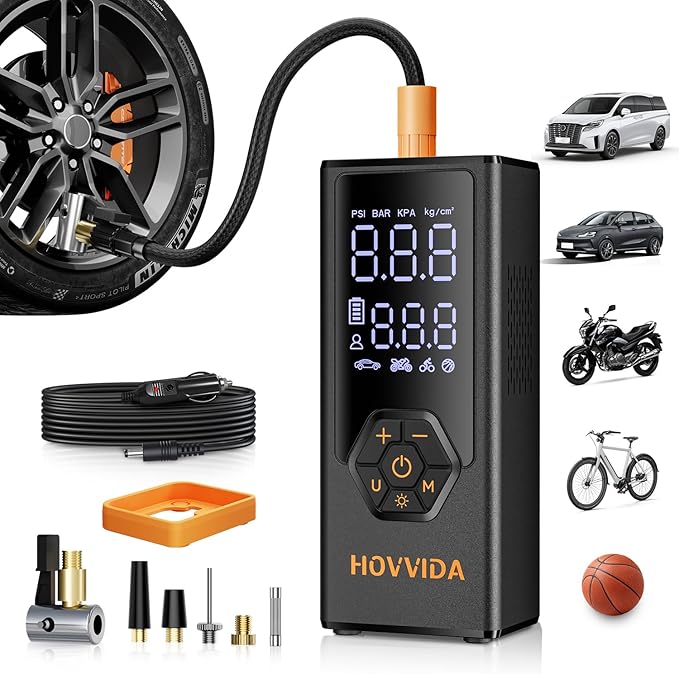 Tire Inflator Portable Air Compressor, Air Pump for Car Tires, 7800 mAh Battery, 12V DC, 150 PSI, 40L/min Air Flow, Fast Inflation, Portable air pump for MPV, SUV, Car, Motorcycle, Bike, Ball