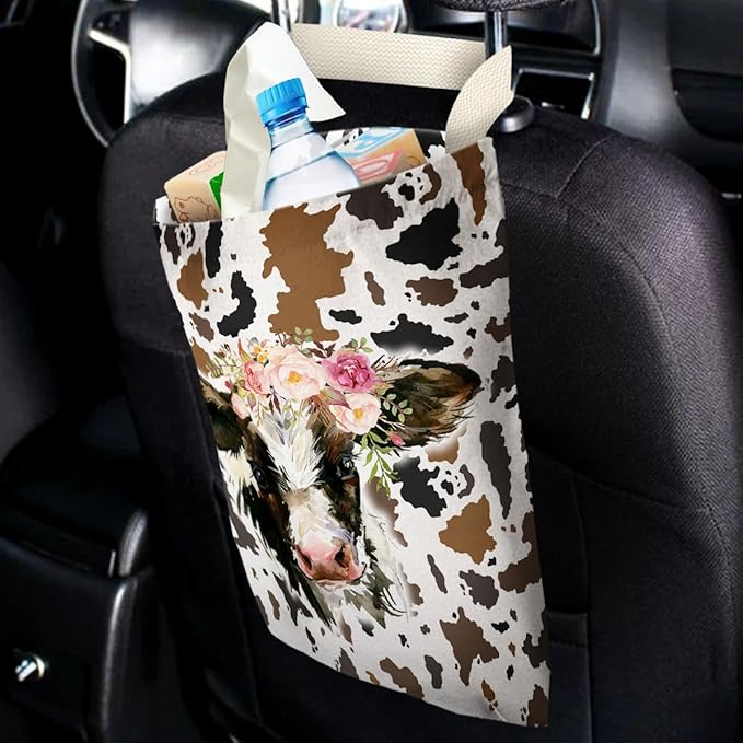 IRADA Car Trash Bag Hanging No Snap Small Garbage Bag for Car Back Seat Cute Printed One-Handed Strap Trash Bags Car Accessories-Cow Car Trash Bags