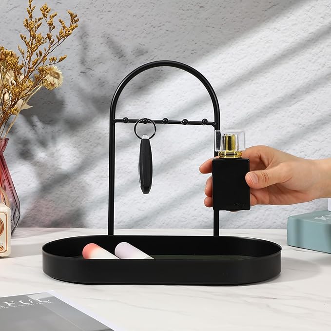 MAQUITA Jewelry Organizer Stand & Key Holder Tray with Acrylic Base, Key Stand and Jewelry Tray with 5 Hooks