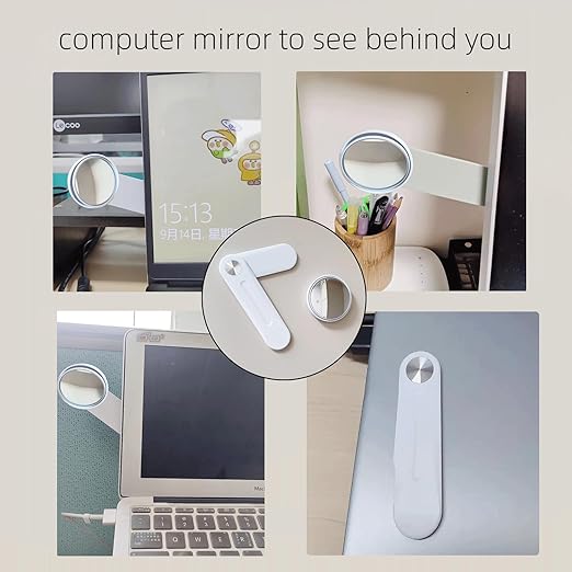Premium Adjustable Computer Monitor Rear View Mirror，Desk Blindspot Office Cubicle to See Behind You，Stick-on Convex Mirror with Bracket for Personal Safety or Privacy Decor Accessories ( White )