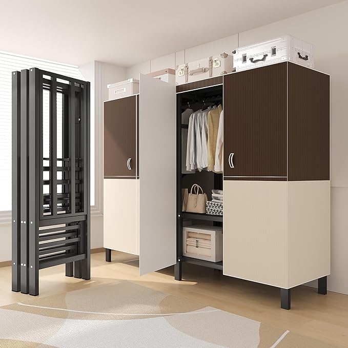 Heavy Duty Portable Closet Wardrobe, Garment Rack with Cover & Hanging Rods, Freestanding Wardrobe with Magnetic Door, Metal 