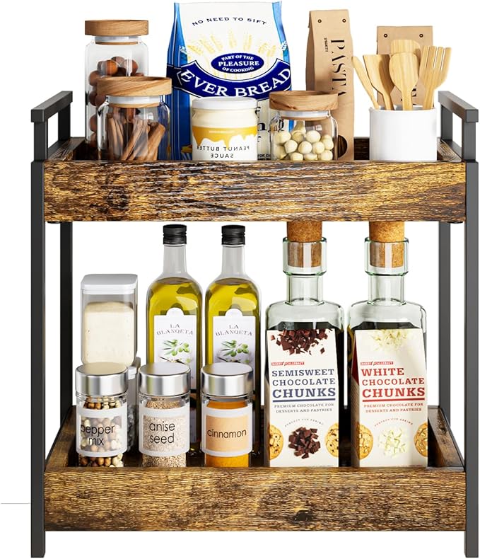 KLM Countertop Coffee Station Organizer, 2 Tier Wooden Shelf for Coffee Bar Accessories, Condiment Storage Caddy for Kitchen,