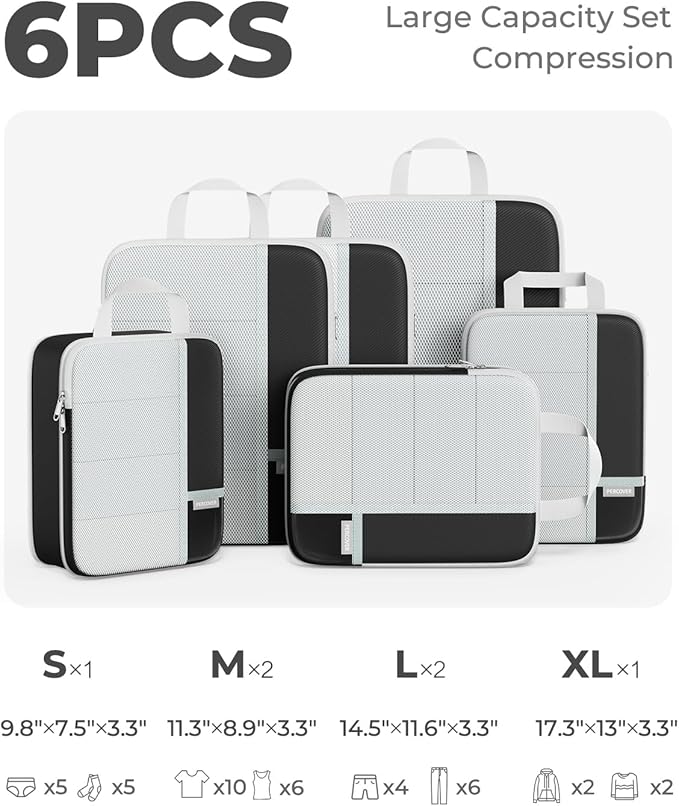 Percover Compression Packing Cubes 6-Piece Set, Packing Cubes Compression for Travel with Multi-Size Organization, Travel Org