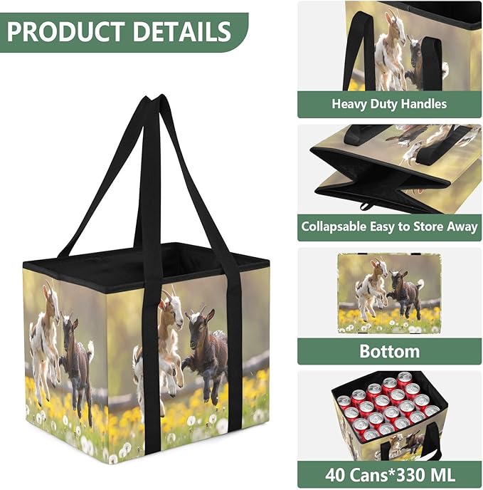 Playful Goats Pattern Reusable Grocery Bags Large Shopping Tote Bag with Reinforced Bottom Board, Water Resistant Foldable St
