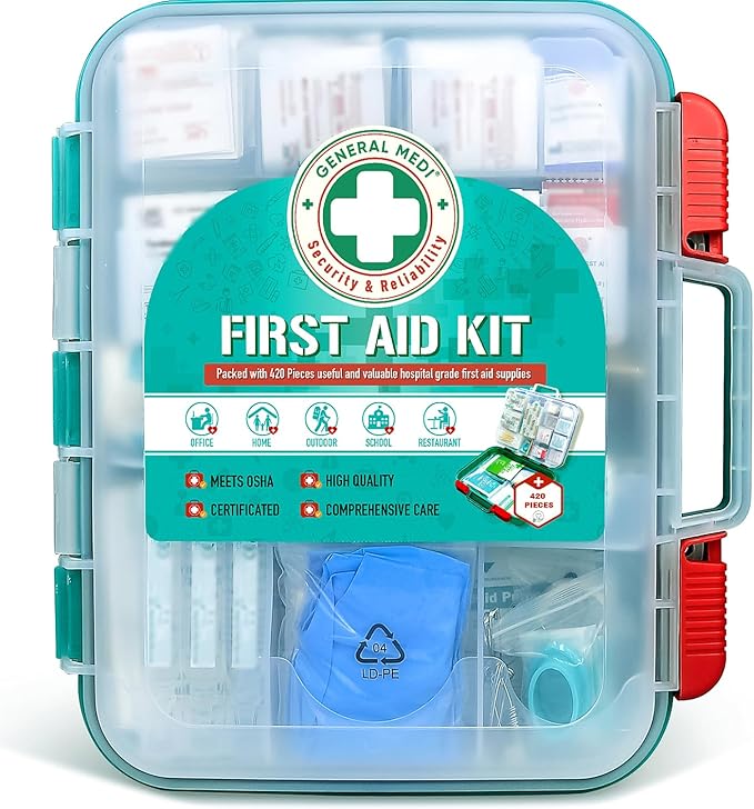 General Medi 420 Pieces Professional First Aid Kit - HardCase First Aid Box - Contains Premium Medical Supplies for Travel, H