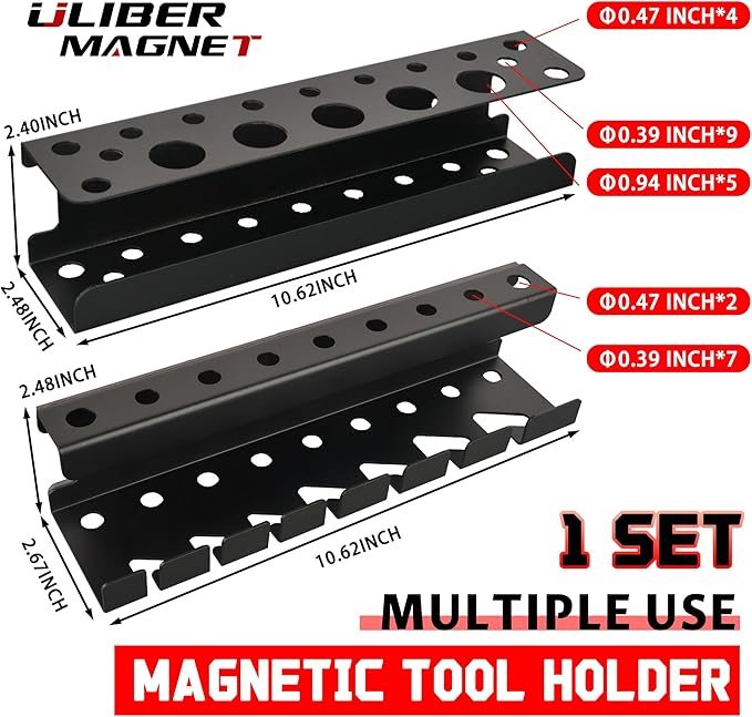 ULIBERMAGNET Magnetic Screwdriver Holder,Magnetic Wrench Holder,Heavy Duty Black Metal Tool Storage Organizer,Set of 2 Magnet