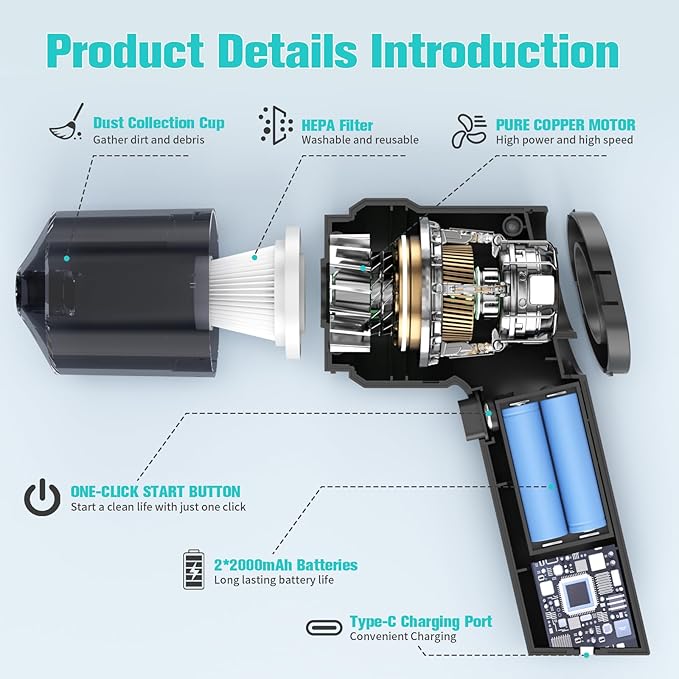 Handheld Mini Car Vacuum, 10000PA Cordless Portable Vacuum with 2000mAh Battery, 3 in 1 small Vacuum Cleaner & Air Duster wit