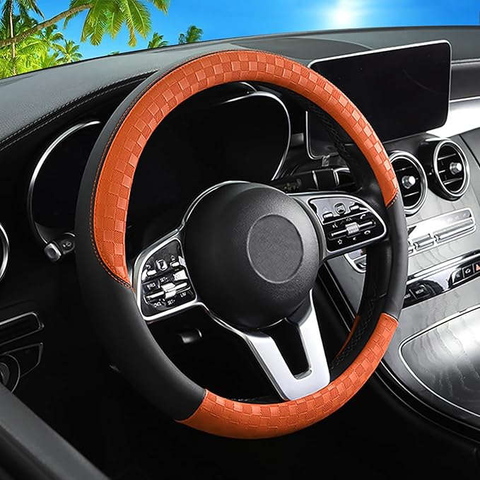Car Leather Steering Wheel Cover - Panapi Material, Universal 14.5-15 Inch Leather Anti-Slip Breathable Auto Steering Wheel C
